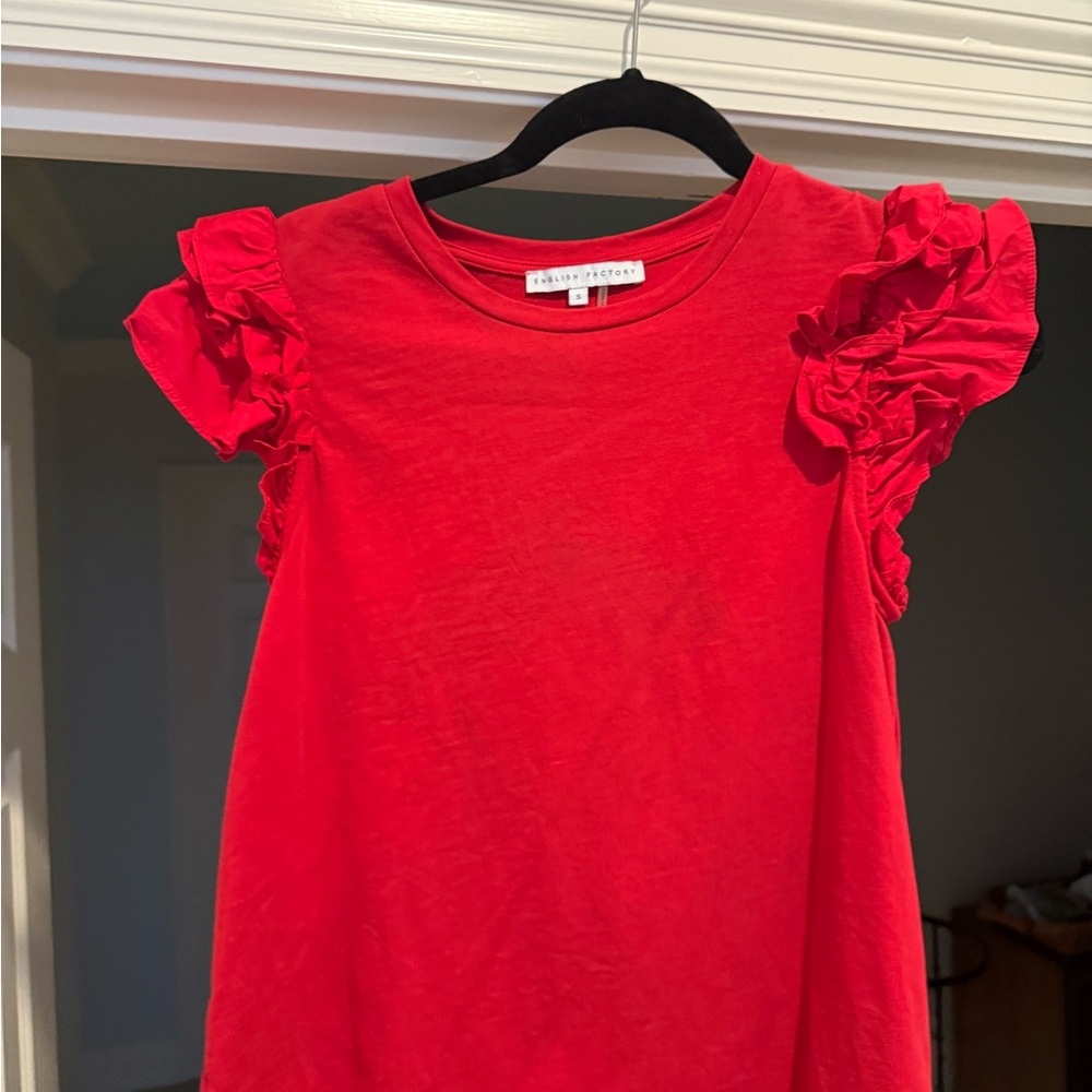 English Factory Vibrant Red Women’s Top with Ruffled Sleeves